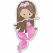 Sticker Petite Sirène, Mignonne Sirène, Cheveux Brown, Coq (Devant)