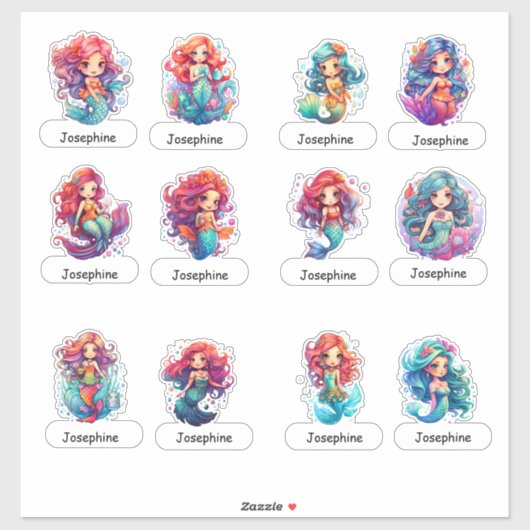 Sticker Petites sirènes mignonnes avec nom d'enfant ci-des (Feuille)