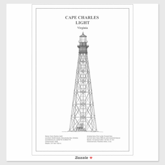 Sticker Phare de Cape Charles - Virginie - BD (Feuille)