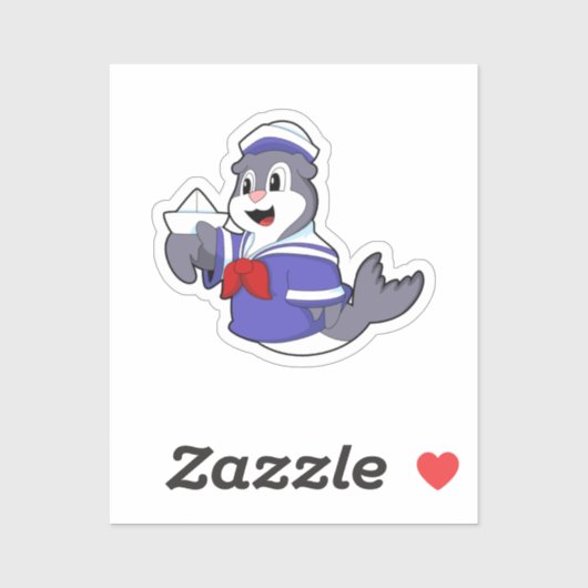Sticker Phoque en marin avec bateau (Feuille)
