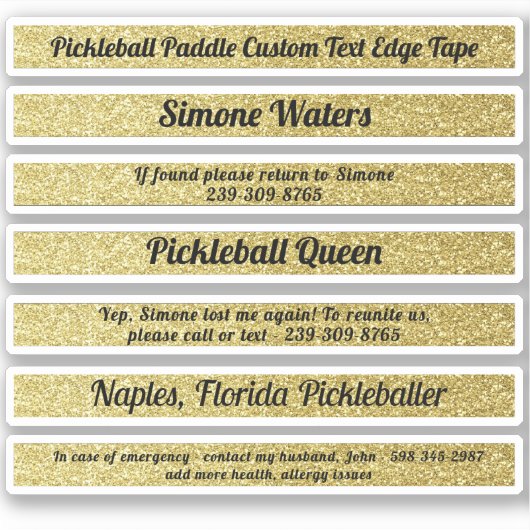 Sticker Pickleball Paddle Edge Bande Nom personnalisé Gold (Devant)