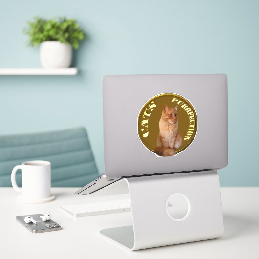 Sticker Pièces De Chat D'Or Avec Chat De Gingembre, (Ordinateur portable sur le bureau)