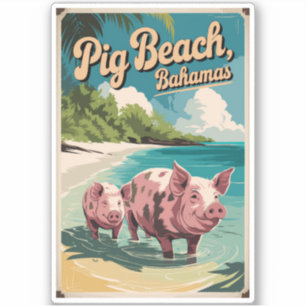 Sticker Pig Beach Bahamas Travel Art Vintage