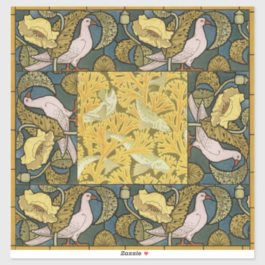 Sticker Pigeon Blue Yellow Fish Art Nouveau (Feuille)
