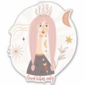 Sticker Pignets roses boho femme fleurs lune affirmation (Devant)