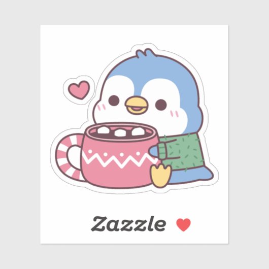 Sticker Pingouin bleu mignon Aime Le cacao chaud avec Mars (Feuille)