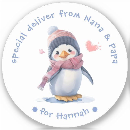 Sticker Pingouin rose pour bébé Noël pour enfants Étiquett (Devant)