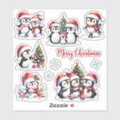 Sticker Pingouins amusants dans le Joyeux Noël Rouge (Feuille)