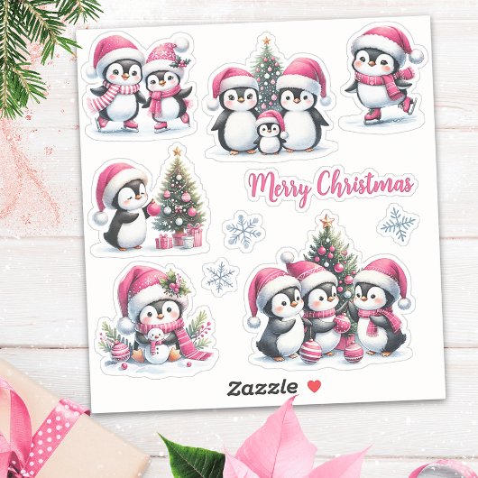 Sticker Pingouins amusants en Pink Joyeux Noël