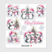 Sticker Pingouins amusants en Pink Joyeux Noël (Feuille)