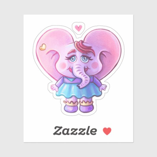 Sticker Pink Kawaii Elephant girl In Love (Feuille)