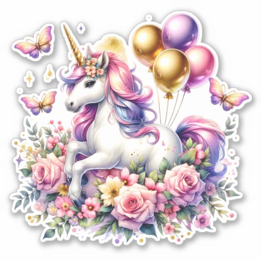 Sticker Pink Purple et Gold Unicorne Anniversaire (Devant)