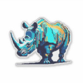 Sticker Pixel Art Rhino Cyan Orange Retro 8-Bit Arcade (Devant)