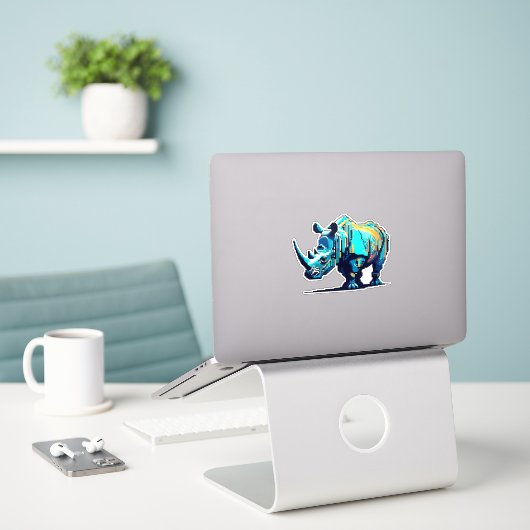 Sticker Pixel Art Rhino Cyan Orange Retro 8-Bit Arcade (Ordinateur portable sur le bureau)