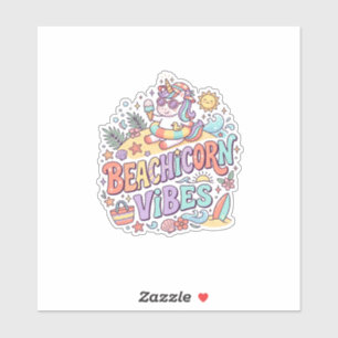 Sticker Plage de Licorne Vibes Fantaisiste Fond Blanc