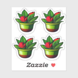 Sticker Plante vert feutré avec Fleurs rouges en pots