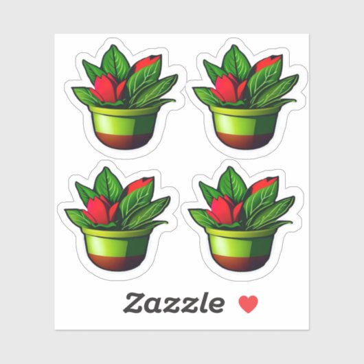 Sticker Plante vert feutré avec Fleurs rouges en pots (Feuille)