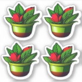 Sticker Plante vert feutré avec Fleurs rouges en pots (Devant)
