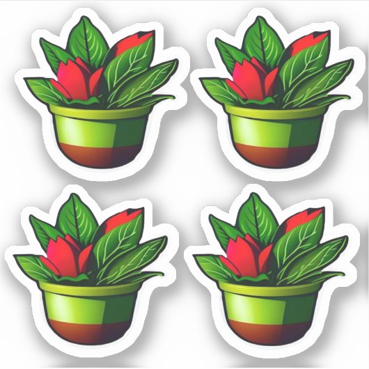 Sticker Plante vert feutré avec Fleurs rouges en pots (Devant)