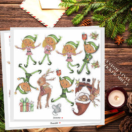 Sticker Playful Elves and Dynamic Santa Poses Custom Cut