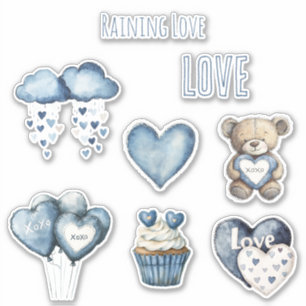 Sticker Pluie d'Amour Nuages Bleus Cœurs Ballons Cupcake