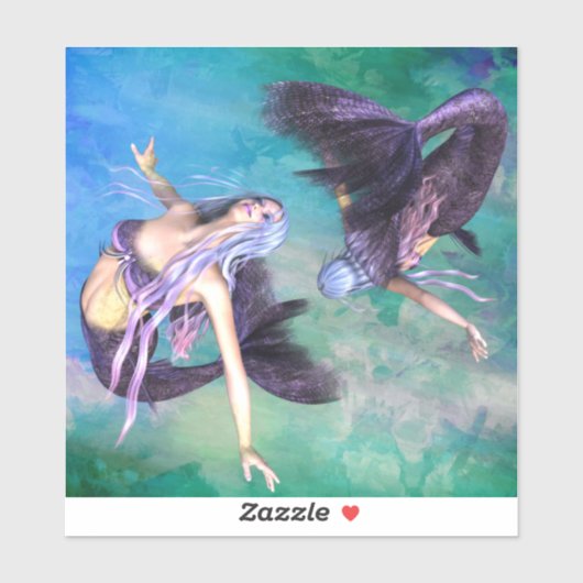 Sticker Poissons - Deux sirènes nageant en boucle (Feuille)