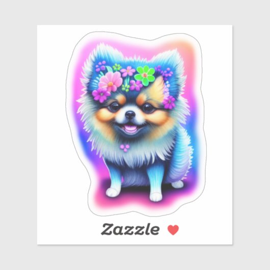 Sticker Poméranien avec fleurs (Feuille)