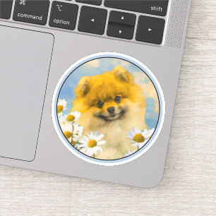 Sticker Poméranien dans Daisies Peinture - Art Chien origi