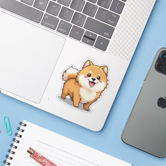 Sticker Poméranien, Joueuse Kawaii Render, Petit (Ordinateur portable avec iPhone)