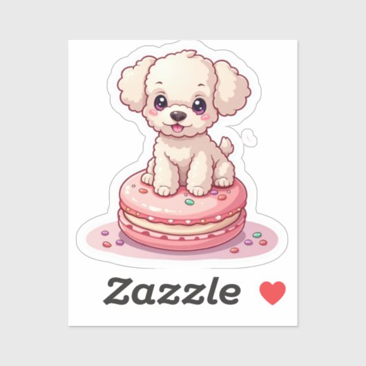 Sticker Poodle Kawaii assis sur Macaron (Feuille)