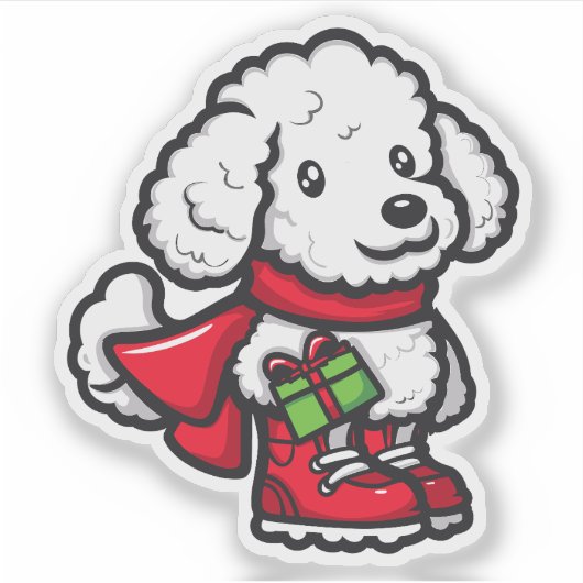 Sticker Poodle tenant un cadeau de Noël (Devant)