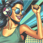 Sticker Pop Art Woman dans les casques danser (Devant)