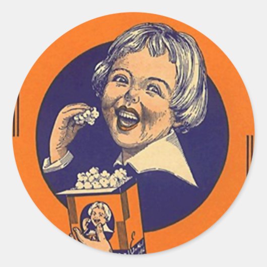 Sticker  Popcorn Adverteren Retro Meisje Hap (Voorkant)