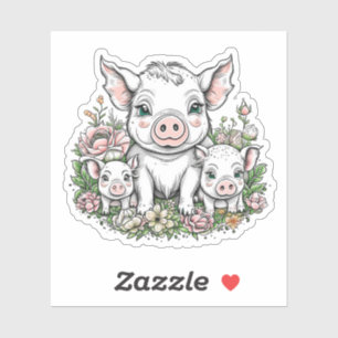Sticker Porcs et cochons mignons en Fleurs