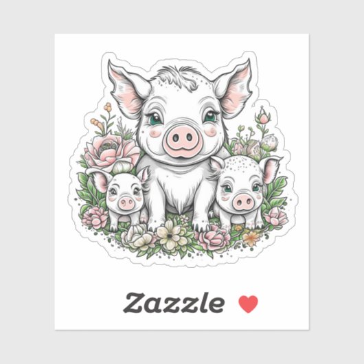 Sticker Porcs et cochons mignons en Fleurs (Feuille)