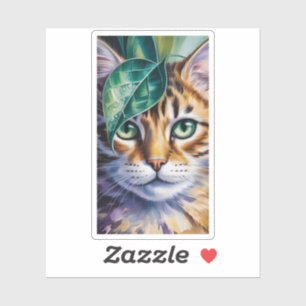 Sticker Portrait artistique de chat aux yeux verts Feuille