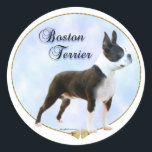 Sticker Portrait de Boston Terrier<br><div class="desc">Ce beau portrait de l'AKC Breed,  le Boston Terrier,  est décoré avec le nom de la race dans un script élégant. Cet art unique pour chien a l'air superbe sur n'importe lequel de nos produits.</div>