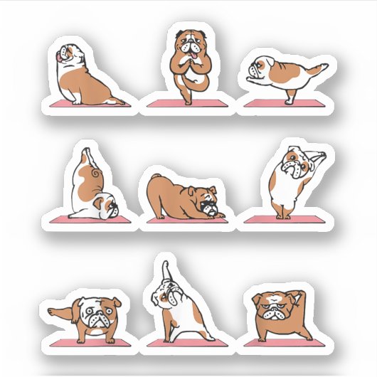 Sticker Poses de yoga chiot de Bulldog anglais et Meditati (Devant)