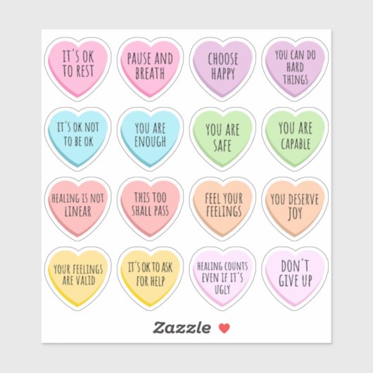 Sticker Positive Affirmations Mental Health Candy Hearts (Feuille)