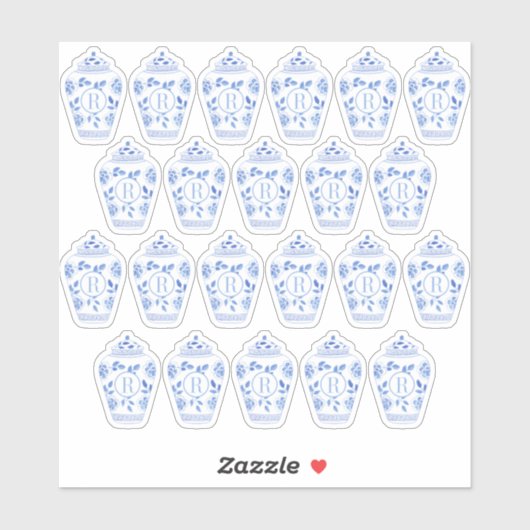 Sticker Pot à gingembre bleu et blanc à monogramme Preppy (Feuille)