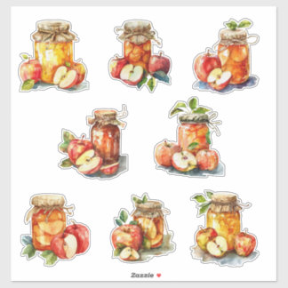 Sticker Pots de confiture de pomme et aquarelle de pommes