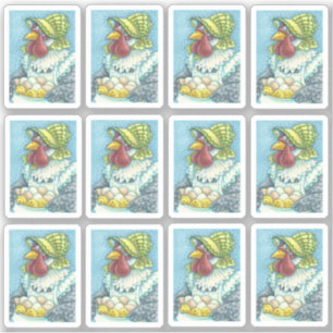 STICKER POULE MÈRE MIGNONNE AVEC COQUETTE TIENT DES OEFS &