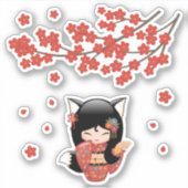 Sticker Poupée Kitsune Kokeshi - Black Fox Geisha Girl (Devant)