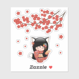 Sticker Poupée Kitsune Kokeshi - Black Fox Geisha Girl