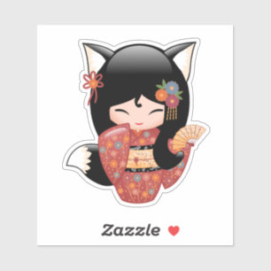 Sticker Poupée Kitsune Kokeshi - Black Fox Geisha Girl