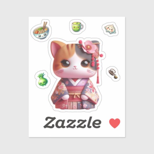 Sticker Poupée Kokeshi, Chat Coupé Poupée Kokeshi (Feuille)