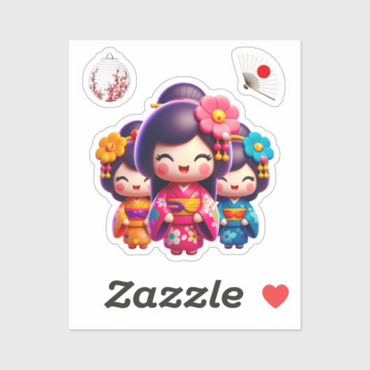 Sticker Poupée Kokeshi, Trois Jolies Geisha (Feuille)