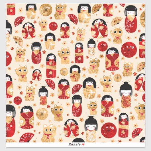 Sticker Poupées japonaises - Chats Kokeshi et Maneki Neko (Feuille)