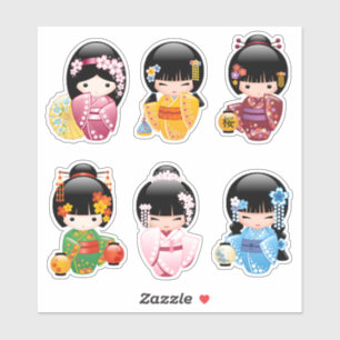Sticker Poupées Kokeshi Set 1 - Japonaise Kimono Geisha Gi