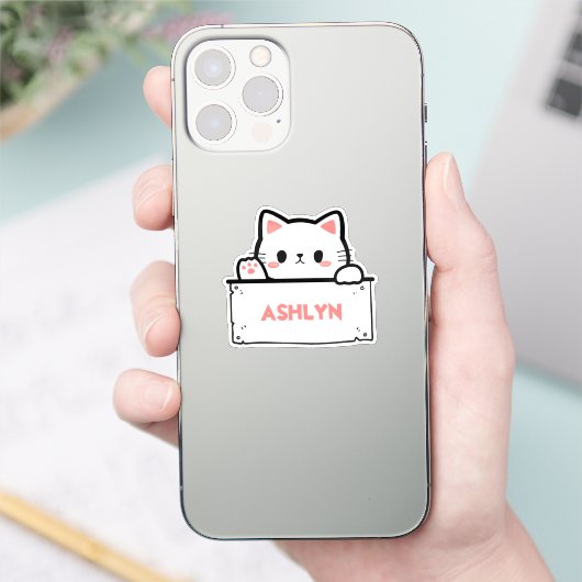 Sticker pour nom de chat blanc mignon personnalisé (Téléphone)